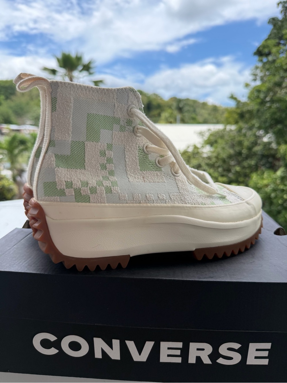Converse Women's High-Top Platform Sneaker in Cream & Light Green Pattern